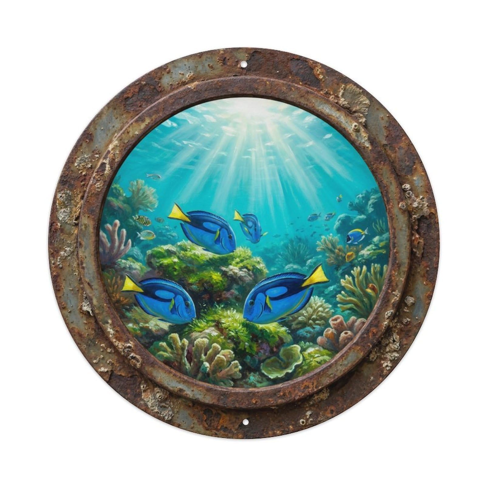 Vintage Porthole Surgeonfish Graze Ship Window Undersea Deep Metal Tin Sign