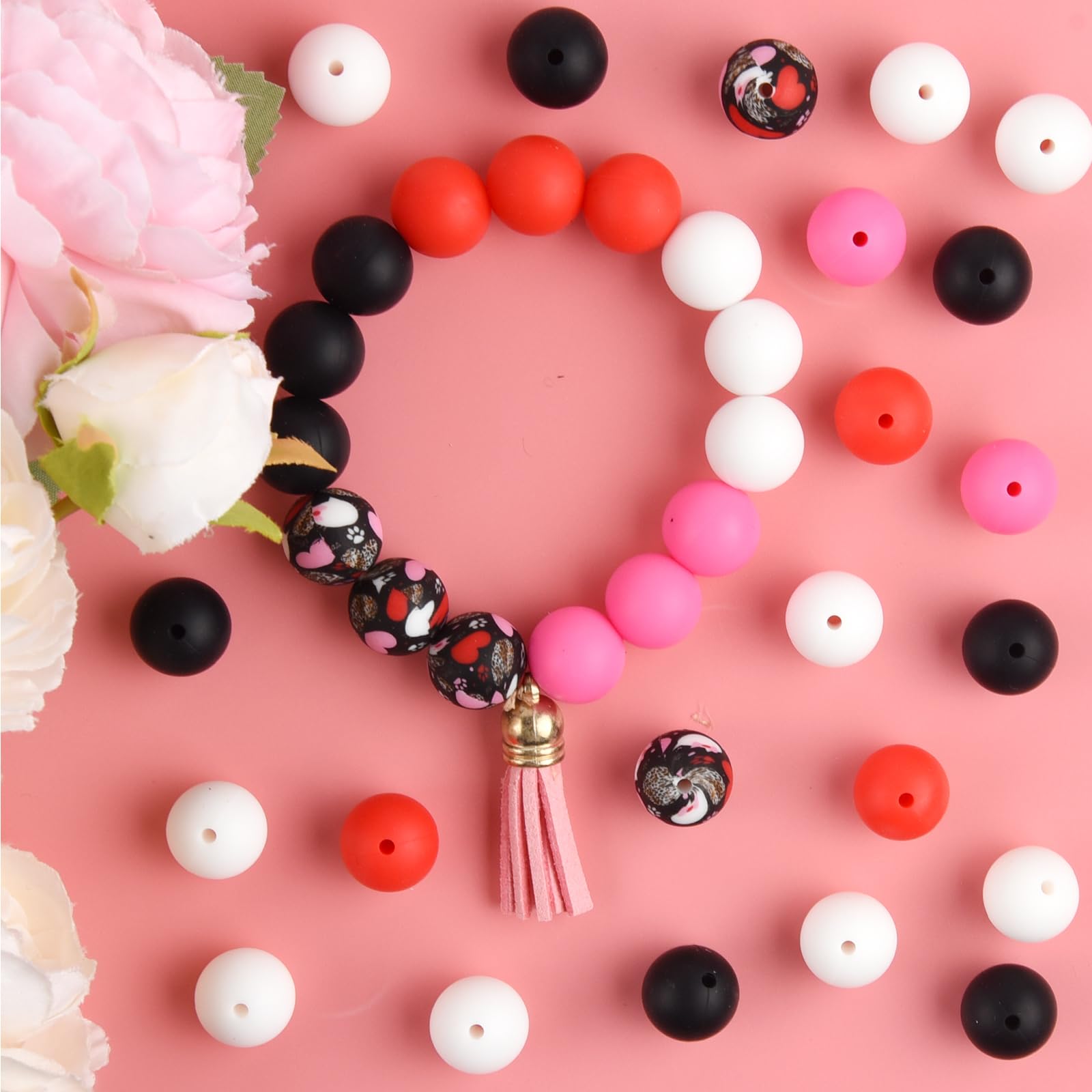 Bakiauli 50 perline in silicone da 15 mm per la realizzazione di portachiavi, 5 colori: rosa, bianco navajo, marrone rosa scuro, stampa leopardata