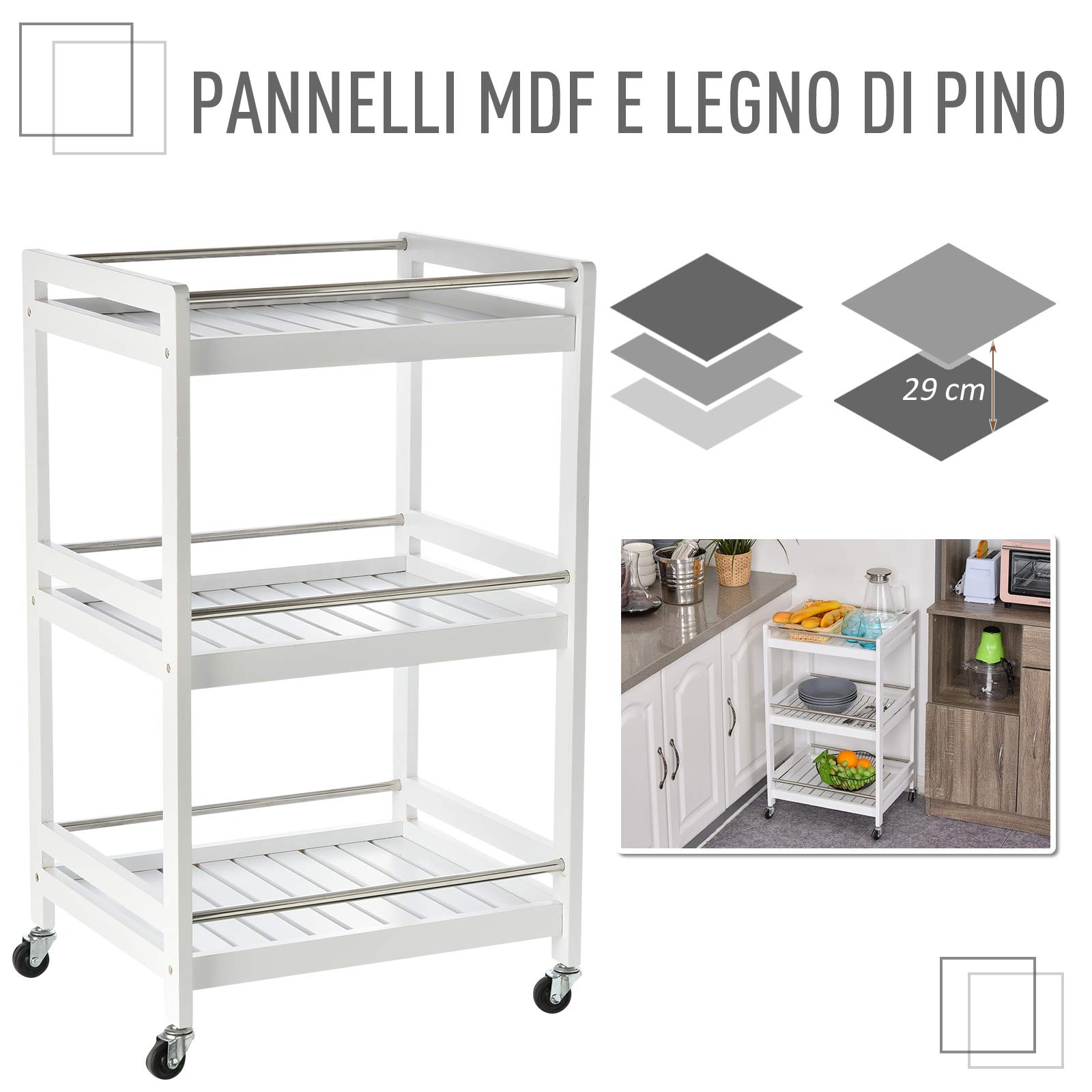 Carrello Portatile 3 Ripiani In Acciaio Inox - Pieghevole Con Ruote Per Cucina, Ufficio, Casa
