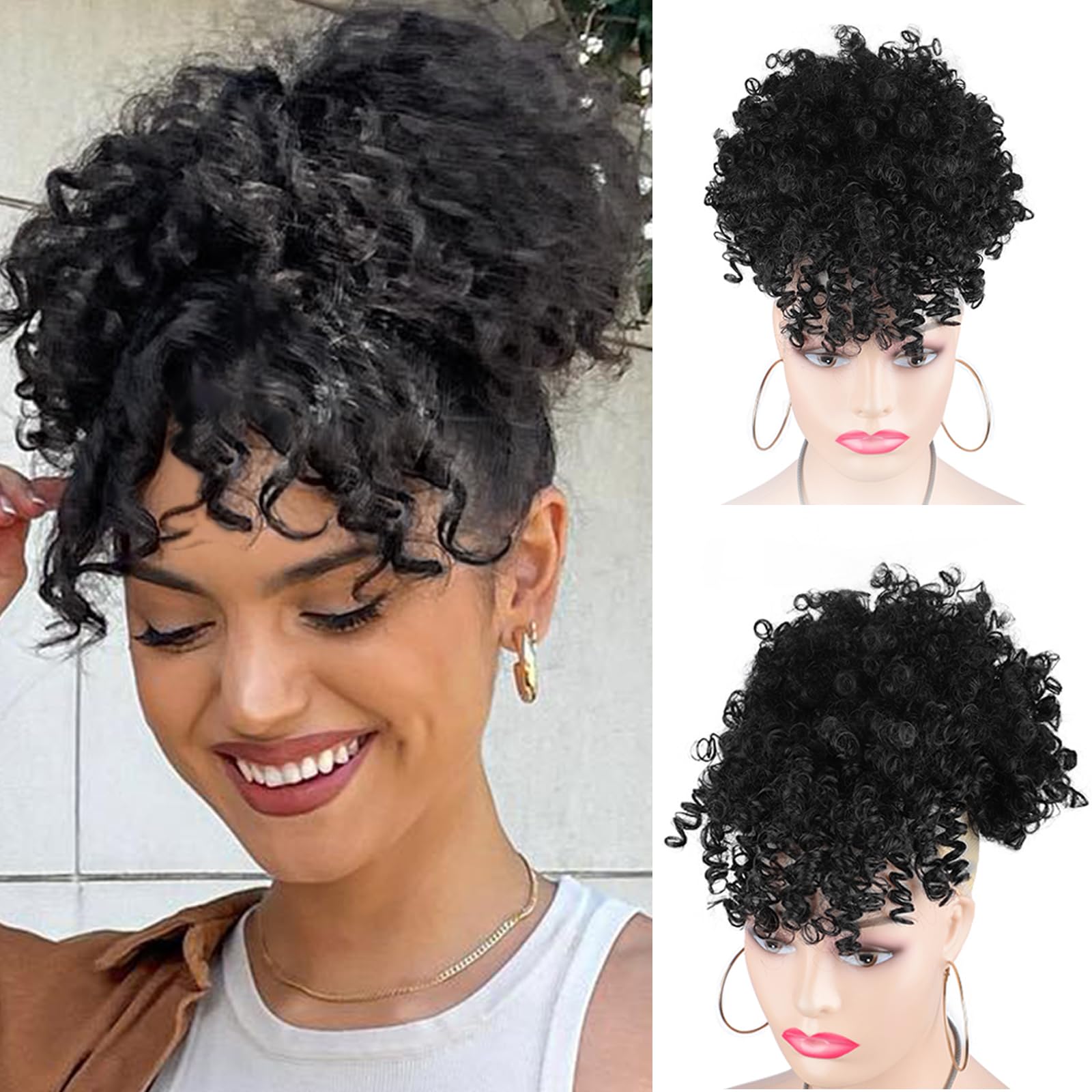 AISI BEAUTY Afro Puff Drawstring Ponytail with Bangs Short Curly Ponytail Extension for Women Ponytail with Bangs Synthetic Clip in Updo Ponytail Extension(2#)