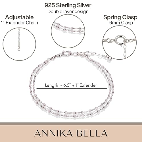 Miniatura 10 de Annika Bella Pulsera de doble hebra, cadena de mano de 6.5 a 7.5 pulgadas, pulseras de cadena de plata de ley 925, joyería minimalista para mujer