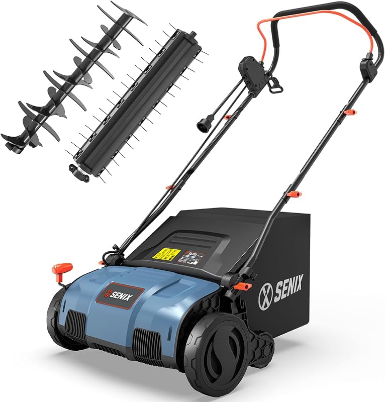 13 Amp 15-Inch 2-in-1 Electric Dethatcher and Scarifier with 13.2-Gal Collection Bag,4-Position Depth Adjustment,Walk Behind for Lawn Garden Care Removing Thatch,Quick-Fold(SCE13-M)