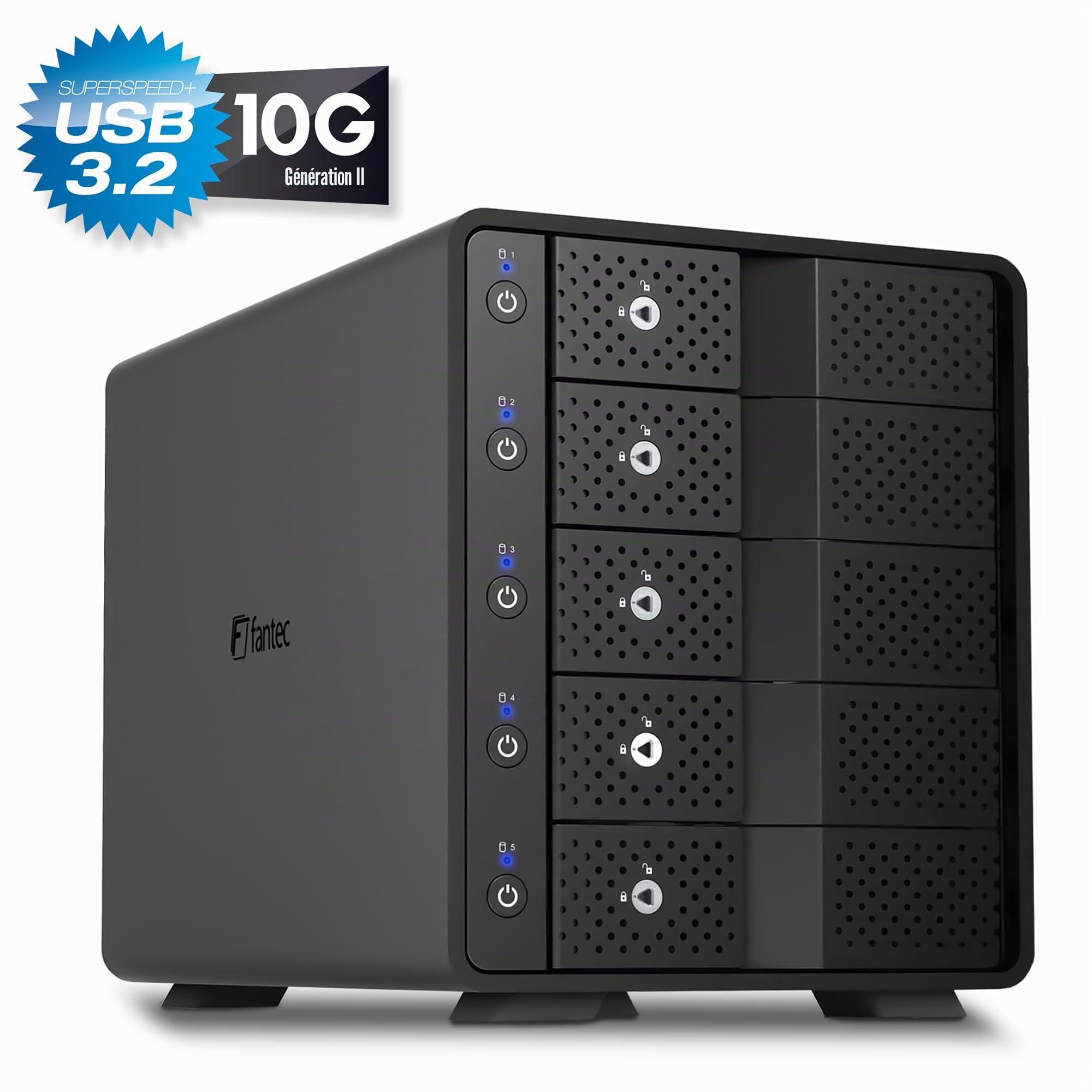 FANTEC 5X USB3.2 Gen2 10G Hard Disk Docking Station for 5X SATA 3.5/2.5 inch SSDs and HDDs. Transfer Rates up to 10Gbit/Sec, no Tools Required, USB HUB, 2X USB Cable. Aluminum housing Black