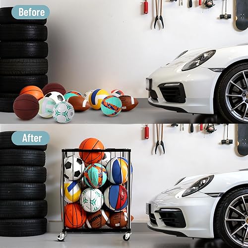 Miniatura 6 de TomCare Estante de almacenamiento rodante para pelotas de garaje, soporte de baloncesto de gran capacidad con cuerda elástica capacidad para 12 a 15