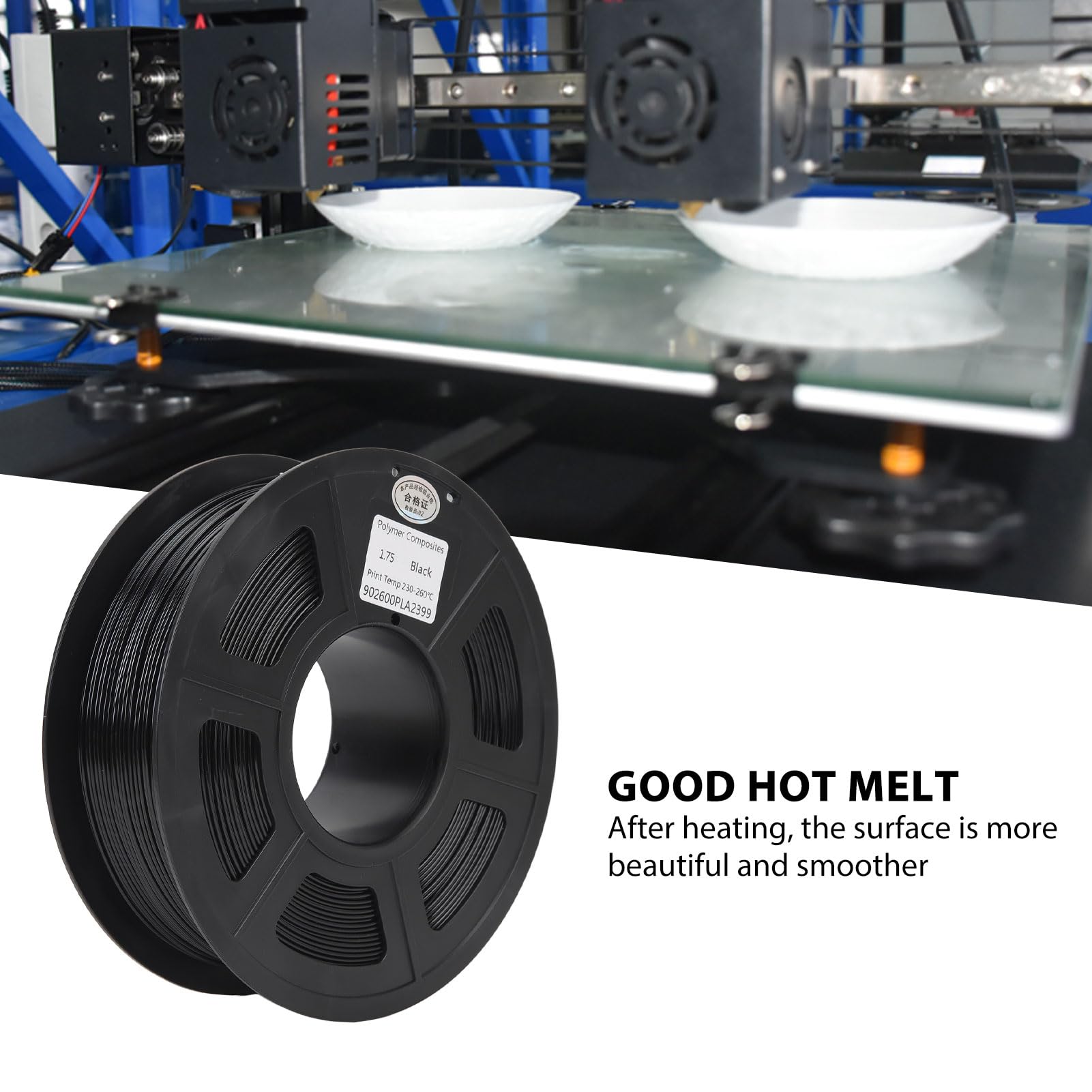 Filamento per stampante 3D, bobina da 1 kg in composito polimerico PLA nero, alta precisione e durata, 1,75 mm, per stampa 3D