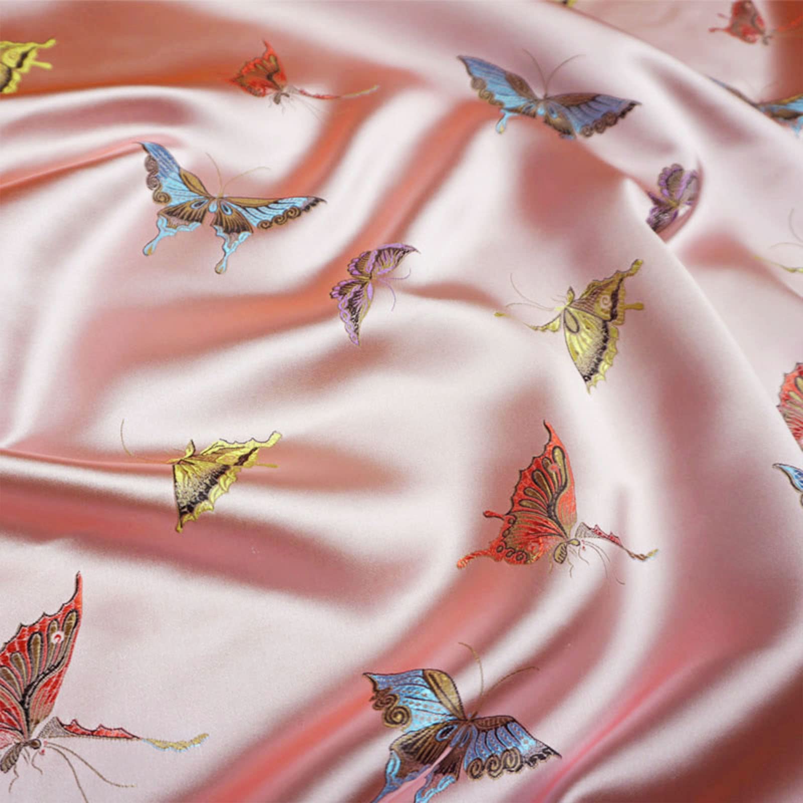 Brokatowa satynowa tkanina kwiatowa do samodzielnego szycia, tło piękny wykwintny kolorowy wzór motyla kwiatowego miękka tkanina do szycia cheongsam 115X100cm,Tkanina w kwiaty
