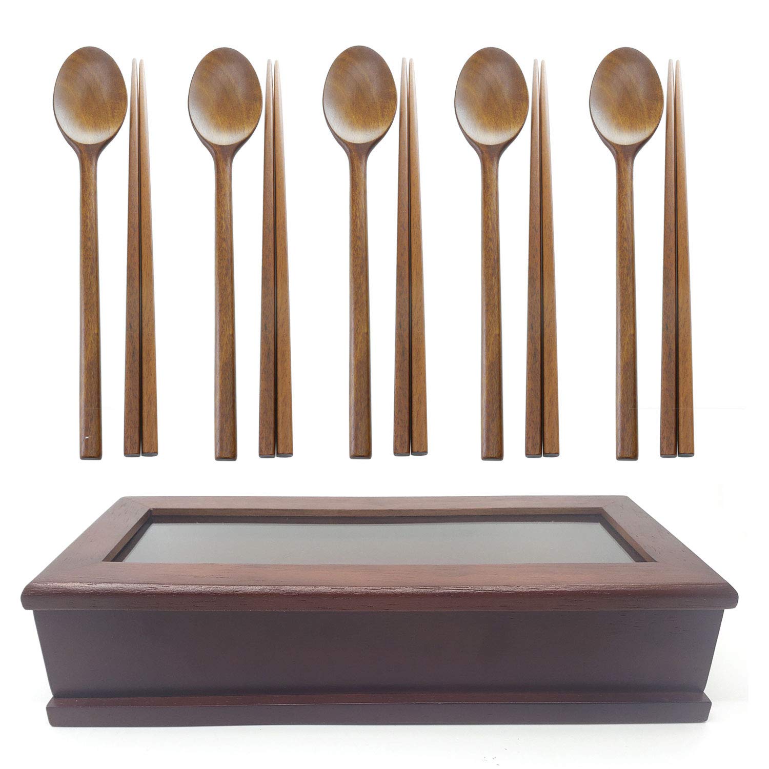 Handmade Wooden Spoon Chopstick Set with Container, 5 Set of Spoon and Chopsticks, Korean Dinnerware