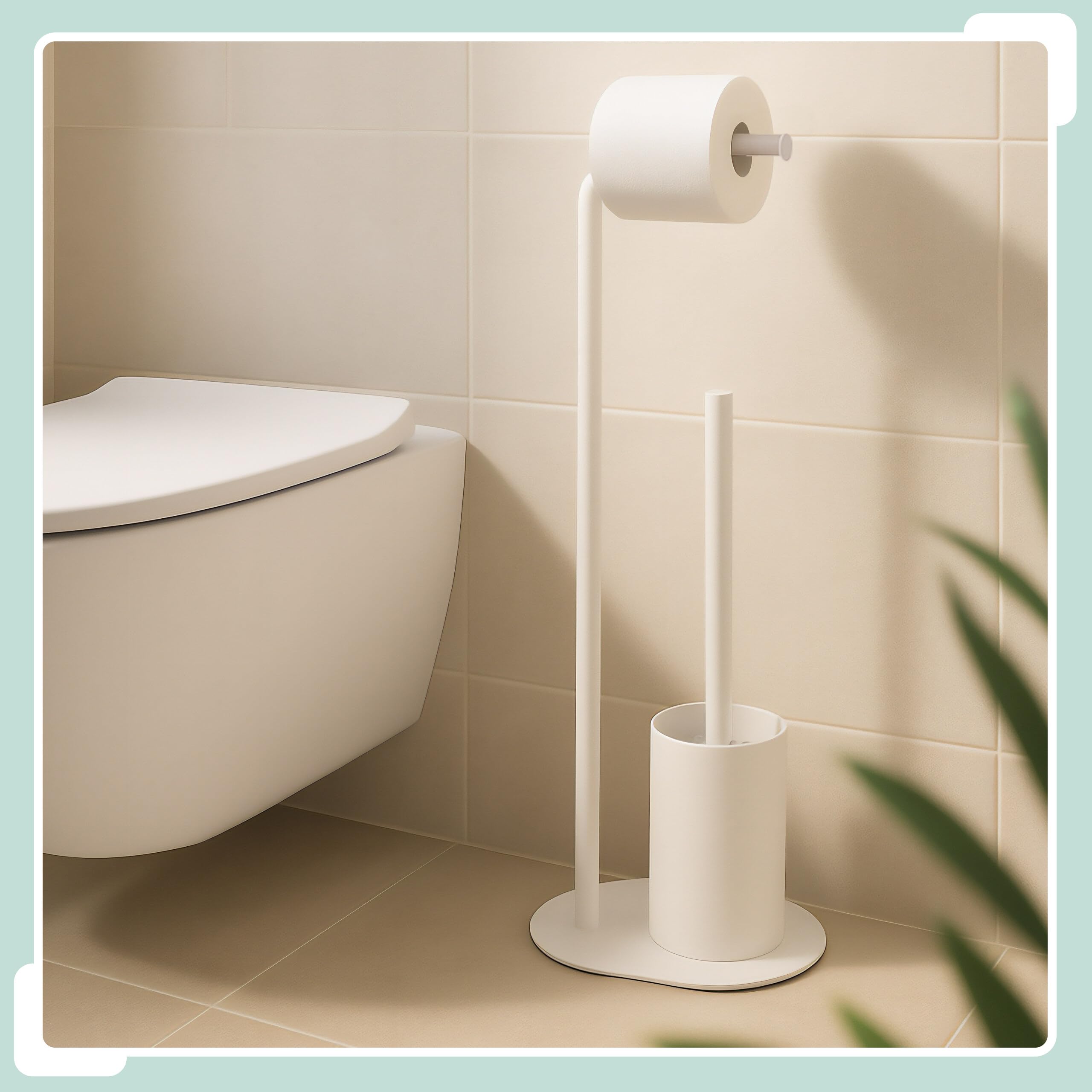 Juego de baño Relaxdays, H x An x F: 64,5 x 23 x 17 cm, Metal, portarrollos de pie con escobilla, Soporte WC, Blanco