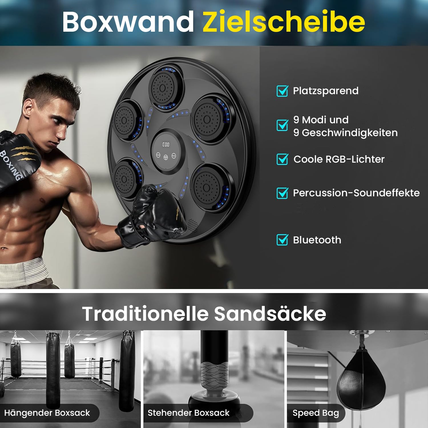 2025 Neu Music Boxing Machine mit Bluetooth,LED Licht BoxMaschine mit Musik mit Boxhandschuhen, Elektronische Boxing Machine zur Wandmontage mit 9Geschwindigkeitsmodi und Zählmodus