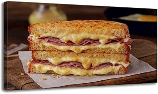Large Canvas Wall Art Croque Monsieur Grilled Cheese Sandwich Black Forest Ham Gruyere Wooden Framed Artwork Easy to Hang Wall Decor for Bathroom Kitchen Room Decor 30" x 60"