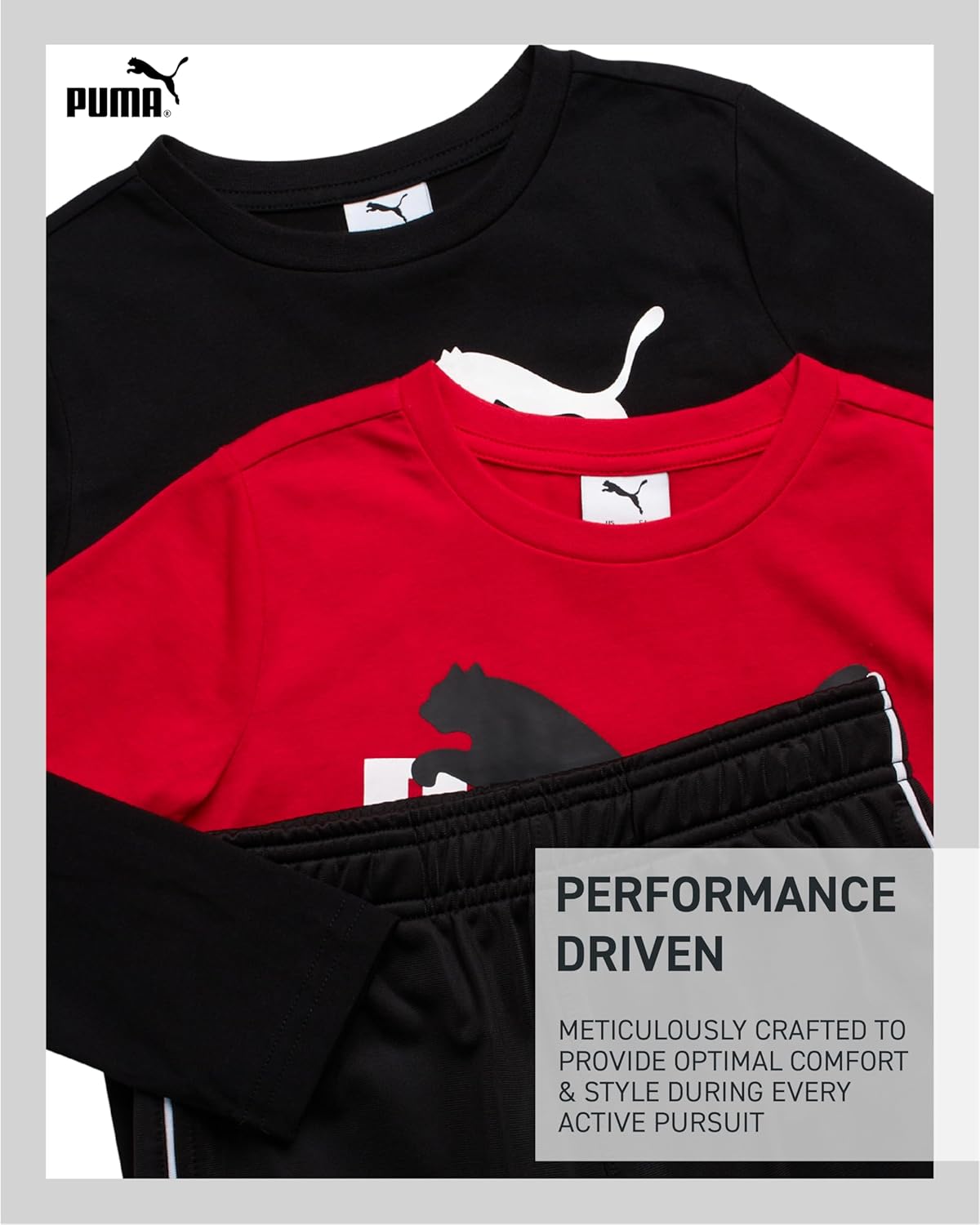 PUMA Toddler Boys Pants Set - 3 Piece Short Sleeve T-Shirt, Long Sleeve T-Shirt and Tricot Pants - Boys Activewear Set, 2T-7