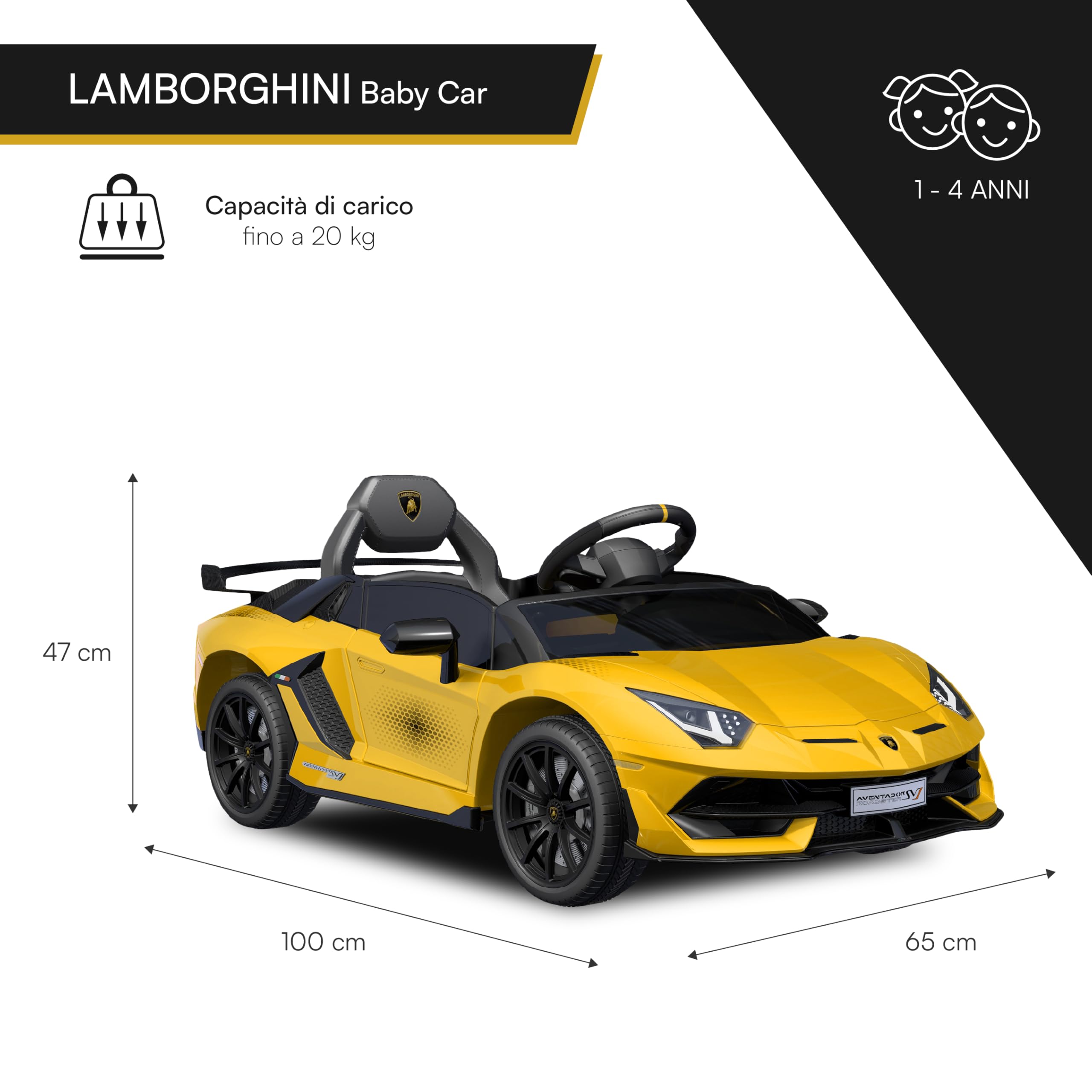Baroni Toys Lamborghini Baby Car Elettrica 6V con Telecomando Genitori, Suoni, MP3, Retromarcia, Auto per Bambini 1-4 Anni, 100x60x50 cm Gialla