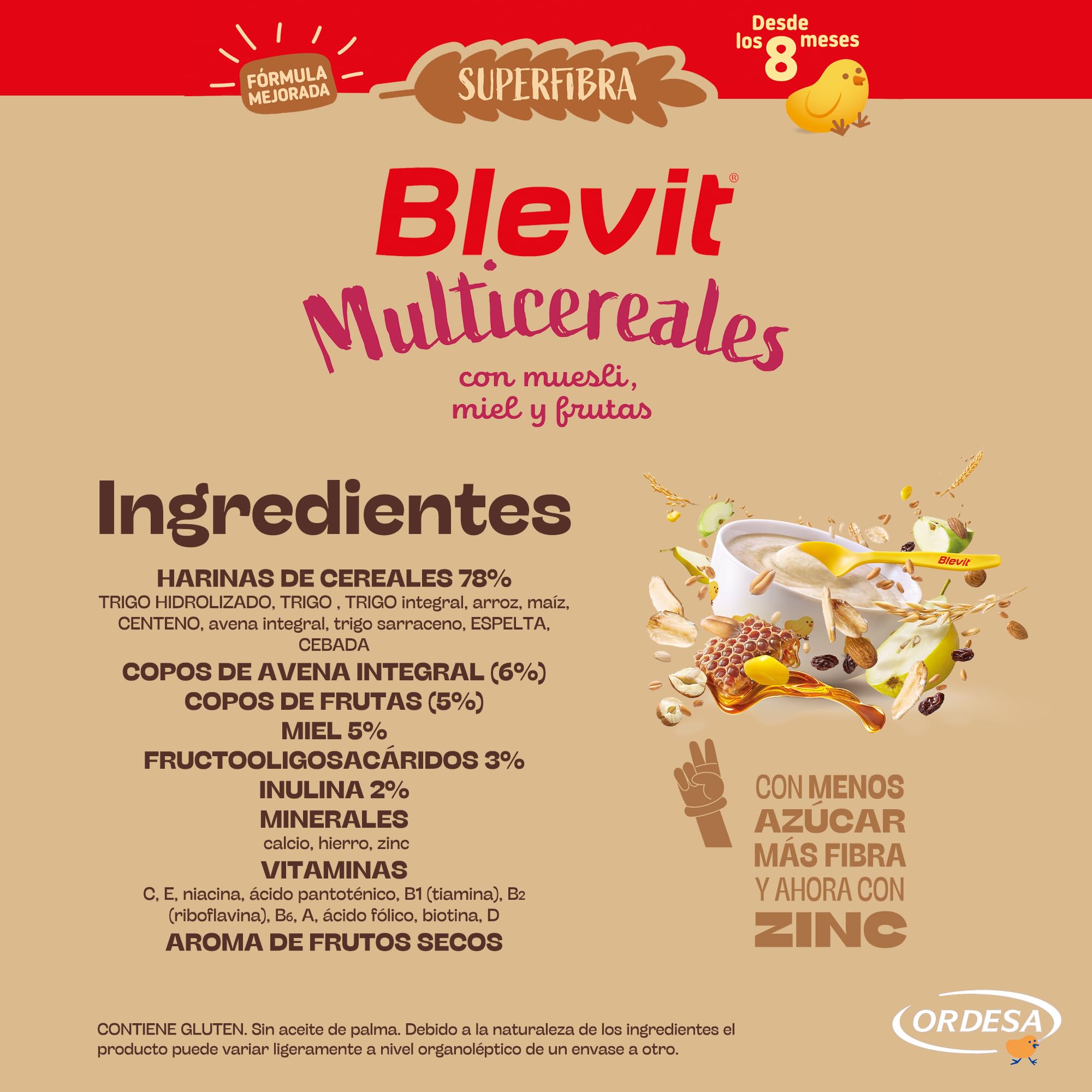Blevit Superfibra Multicereales Papilla 8 Cereales con Muesli, Miel y Fruta 500g para Bebé 8 Meses