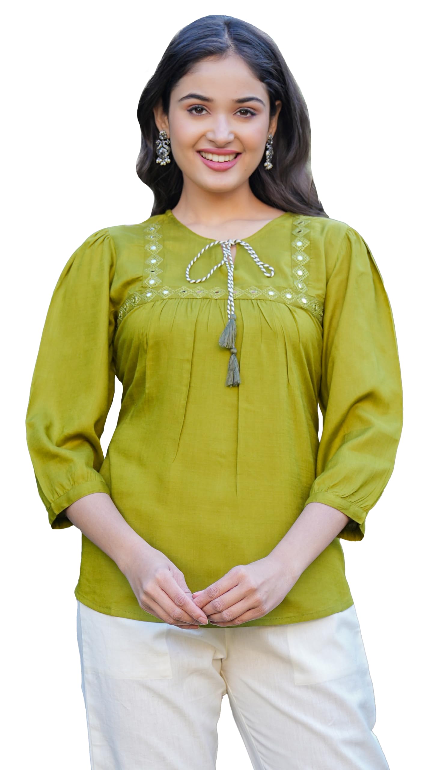akiko Women’s Pure Cotton Solid Casual Top Round Neck Tunic with Tassel Tie-Up, Pintuck Detailing & 3/4 Sleeves Office Wear & Smart Casual Top for Women-picture-15