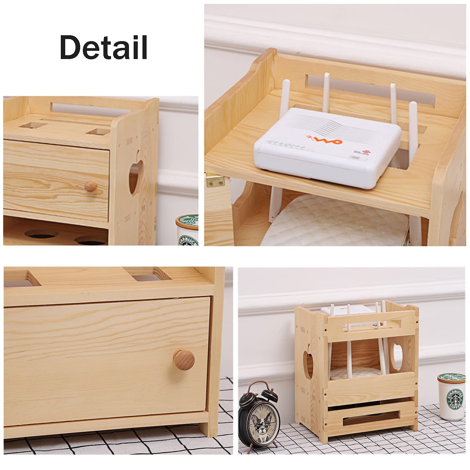 Pudełko do przechowywania WiFi, Organizer na kable do montażu biurku/ścianie, solidny, drewniany, przechowywania dekoderów kablowych(A,32x23x31 cm)
