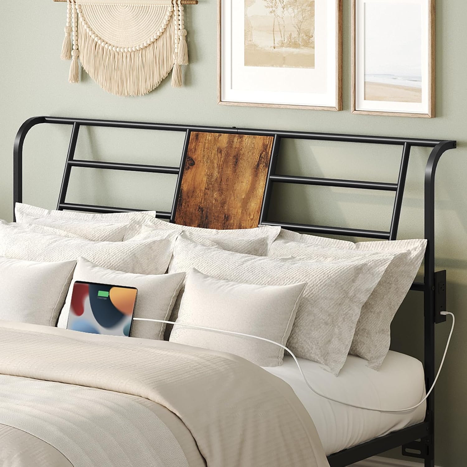 Queen Size Headboard Only, Metal Headboard with 2 Power Strips, Reclining Backrest, with Bed Frame Adapters, Easy Assembly, Rustic Brown and Black