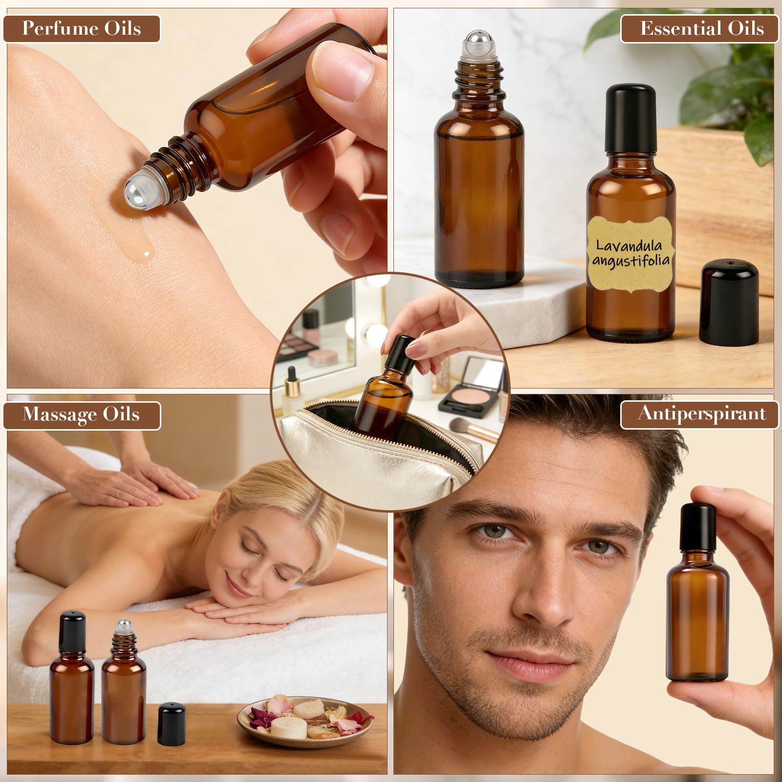 6 flaconi roll-on in vetro da 30 ml per oli essenziali, con sfere roll-on in acciaio inox, ricaricabili, per profumi, cosmetici, aromaterapia, massaggi