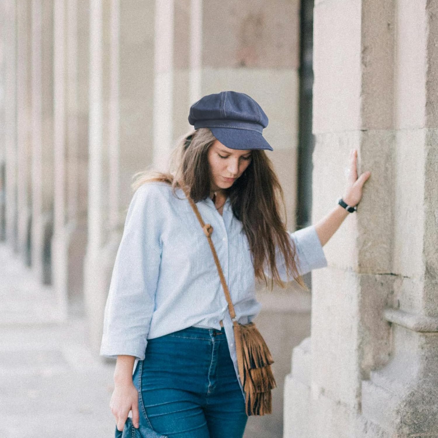 Denim Newsboy Hat Adjustable Beret Hat Cabbie Cap Octagonal Cap - Image 3