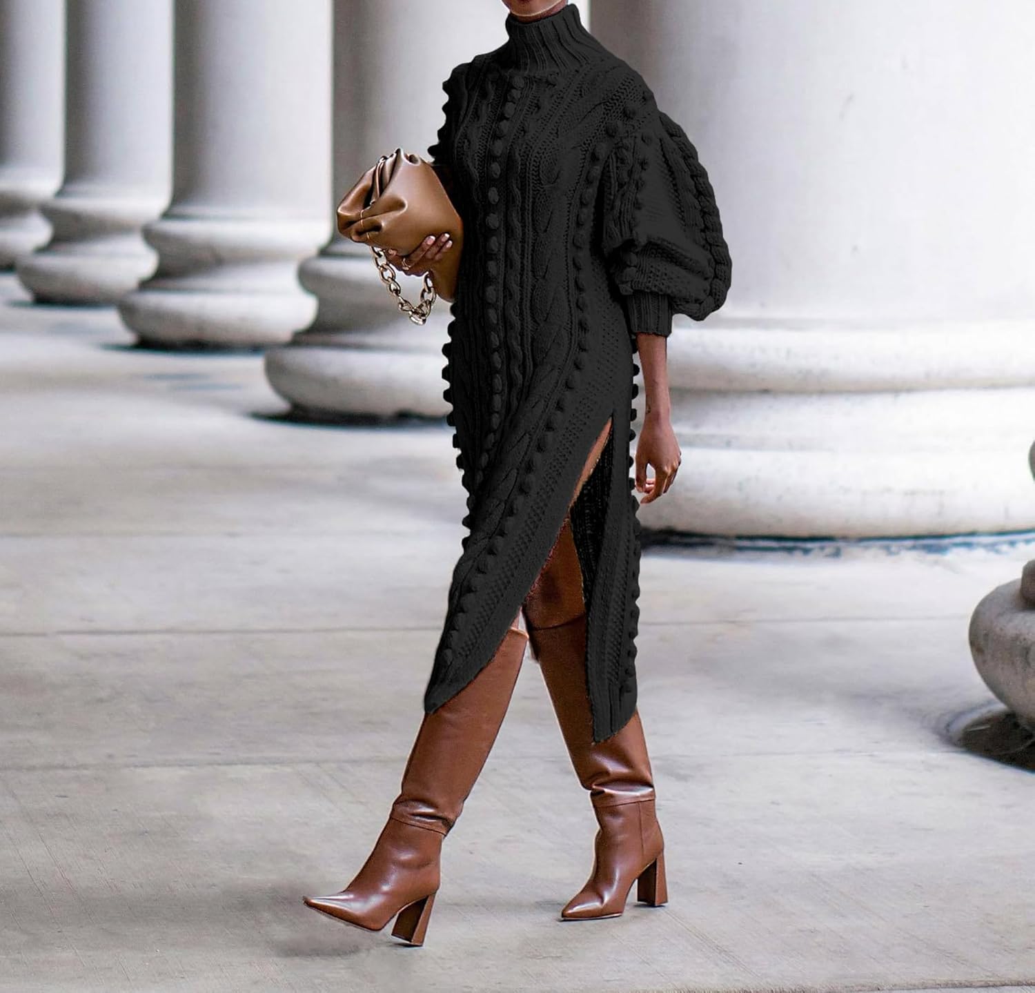 Women Puff Long Sleeve Turtleneck Maxi Sweater Dress Casual Popcorn Cable Knit Side Slit Pullover Dresses - Image 4
