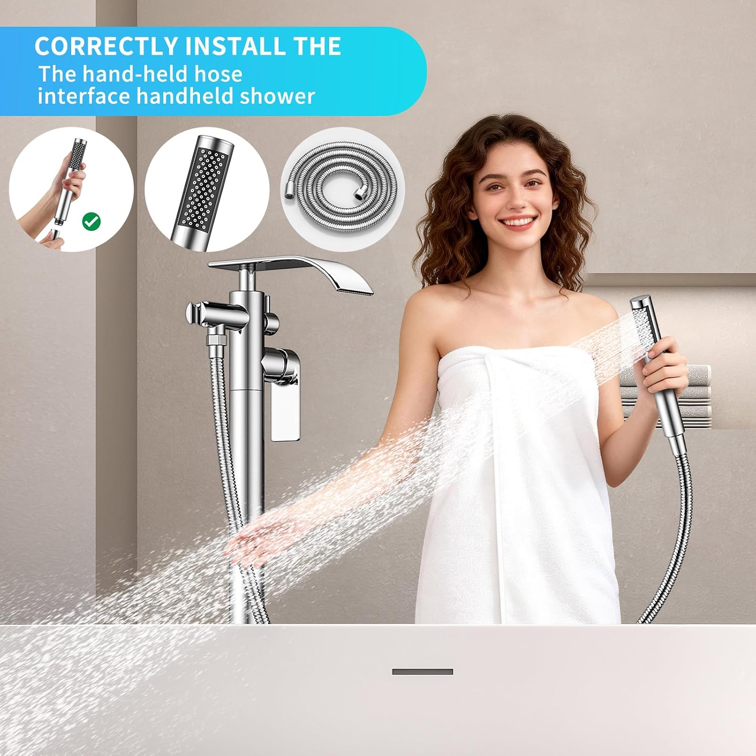 Floor Mount Bathtub Faucet Freestanding Tub Filler Standing High Flow Shower Faucets Shower Mixer Taps,Free Standing Bathroom Faucets Swivel Flat Waterfall Spout Polished Chrome