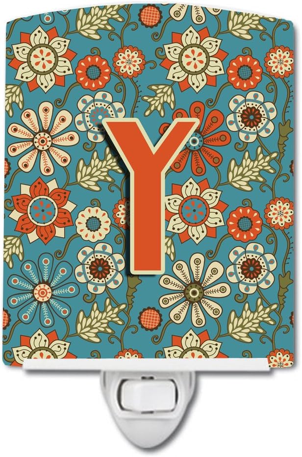 Caroline's Treasures CJ2012-YCNL Letter Y Flowers Retro Blue Ceramic Night Light Compact, UL-Certified, Ideal for Bedroom, Bathroom, Nursery, Hallway, Kitchen, 6x4x3, Multicolor