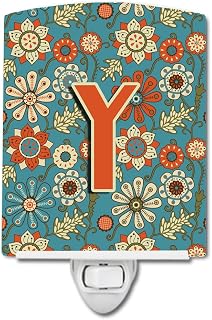 Caroline's Treasures CJ2012-YCNL Letter Y Flowers Retro Blue Ceramic Night Light Compact, UL-Certified, Ideal for Bedroom, Bathroom, Nursery, Hallway, Kitchen, 6x4x3, Multicolor