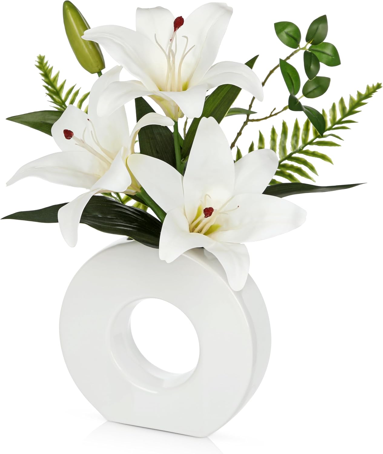 Artificial Flowers in Vase 13" Realistic Fake Lilies Flowers with 3 Heads Full Bloom Tiger Lily Floral Arrangement White Faux Flowers for Vase Table Centerpieces Home Wedding Bathroom Office Decor