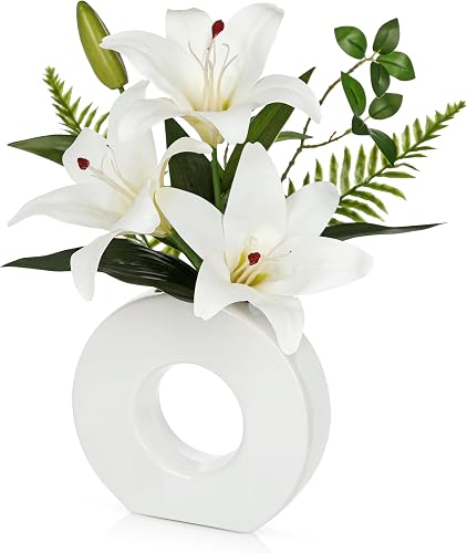 Faux Lilies White 13" Artificial Flower in Vase for Wedding Home Decoration | Fake Mini Lily with White Modern Ceramic Vase Real Touch Flowers for Bathroom Kitchen Office Room Table Décor