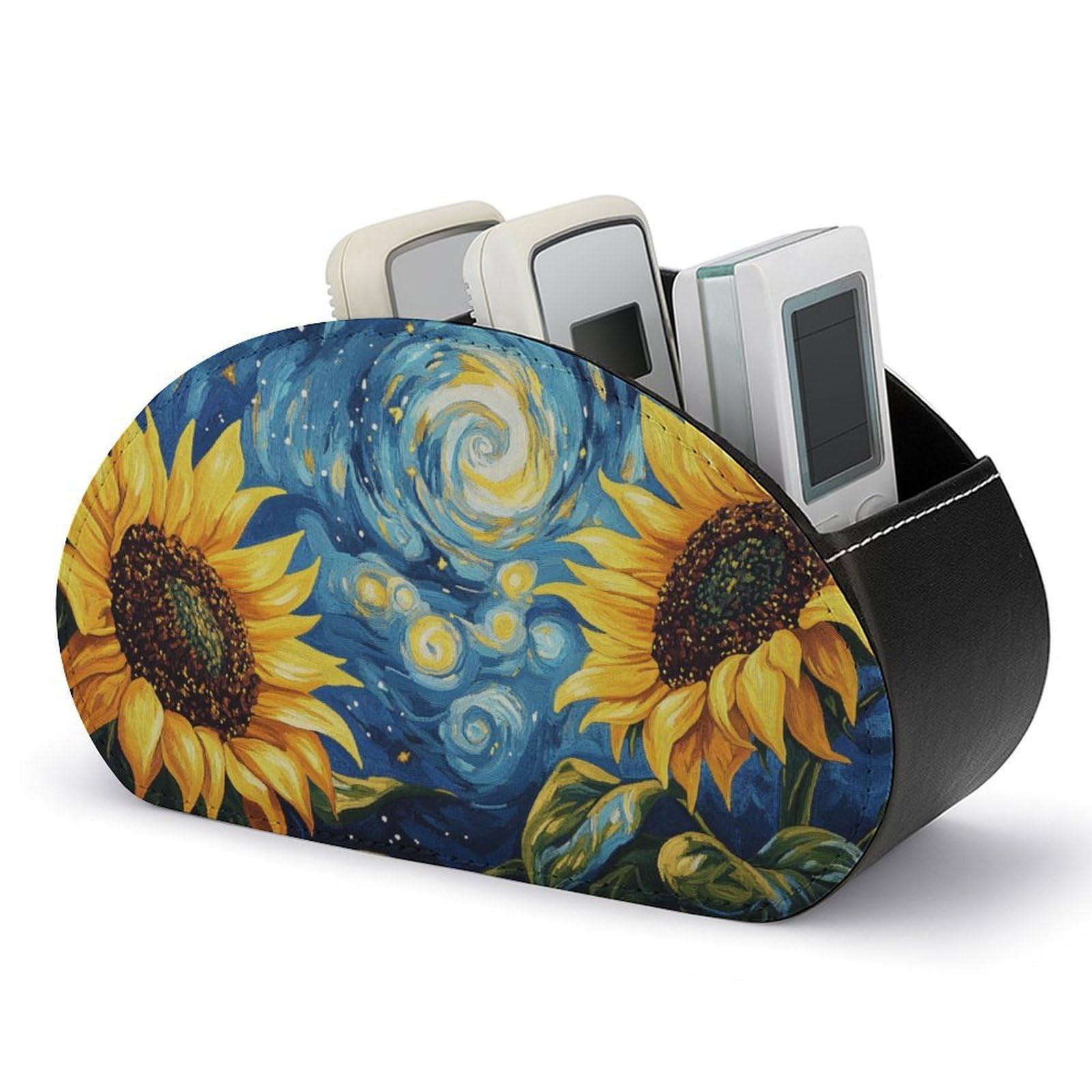 Jubonexis Large Sunflowers Night Sky Remotes Control Holder with 5 Compartments Leather TV Remote Caddy Storage Box Desktop Organizer