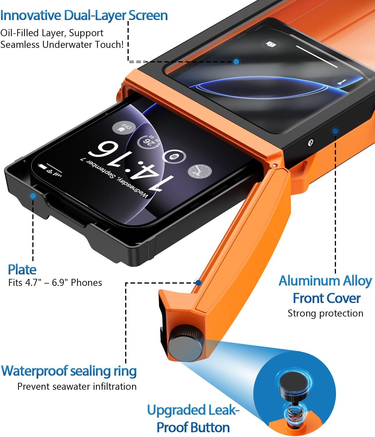 Underwater Phone Case for Snorkeling - Waterproof Touchscreen Diving Housing, Universal Underwater Phone Case for iPhone 16/15/14/13 Pro Max Samsung Galaxy S26/S25/S24 Ultra Up to 6.9'' (Orange)
