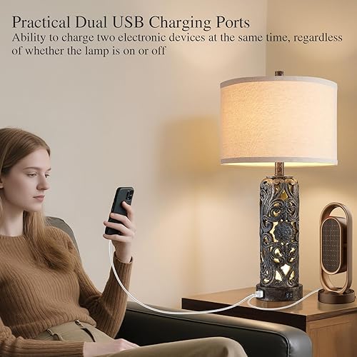 Miniatura 3 de Juego de 2 lámparas de mesa rústicas de 25 pulgadas para dormitorio, sala de estar con 2 puertos USB, lámpara de mesita de noche de resina vintage
