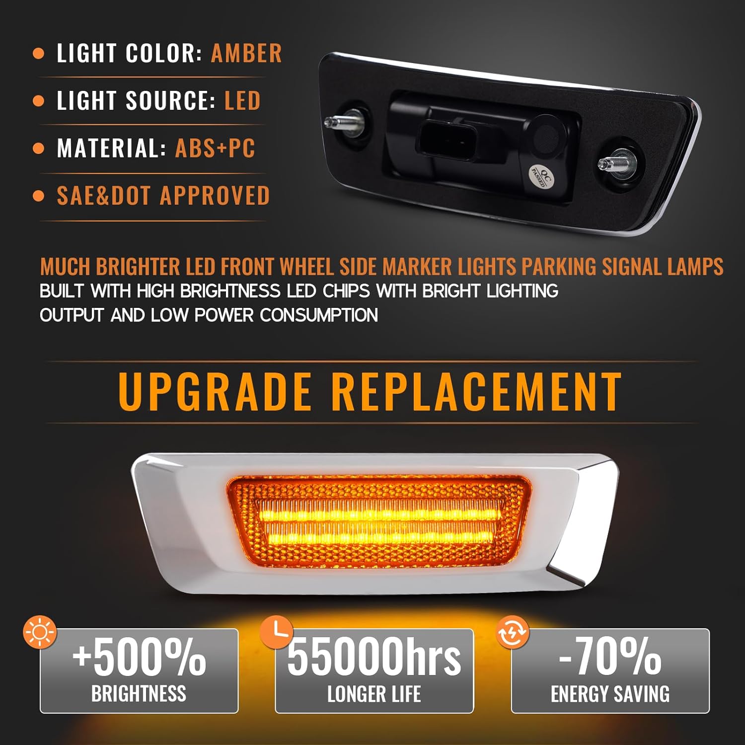 Gempro LED Side Marker Lights for Kenworth T680 Peterbilt 567 Amber Front Fender Marker Lamps Indicator, Clear Len 2PCS