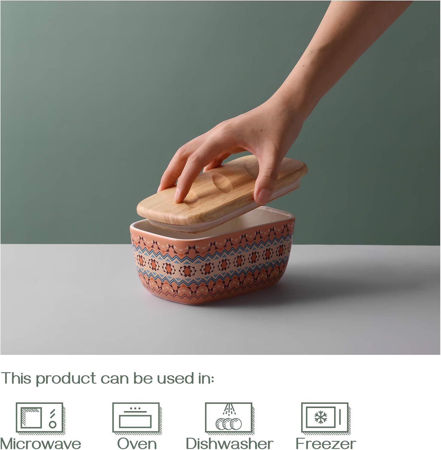 DOWAN Butter Dish with Lid, Bohemian Style Butter Container with Wooden Lid for Counter top, Porcelain Butter Dish with Cover Perfect for East West Coast Butter, Refrigerator Safe, Orange