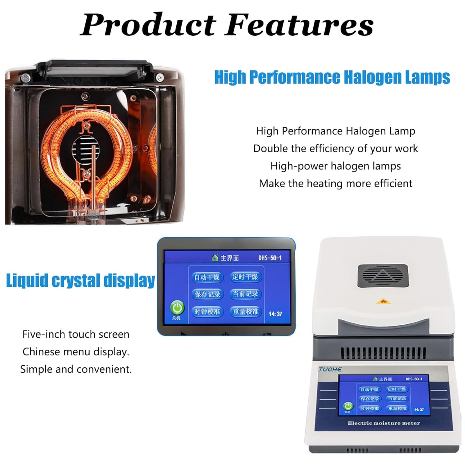 Analizador de humedad, probador de humedad digital con pantalla LCD de 5 pulgadas, 2 modos de secado, calentamiento rápido de 60-160 °C, temporizador de 1 a 99 minutos, medición de laboratorio para