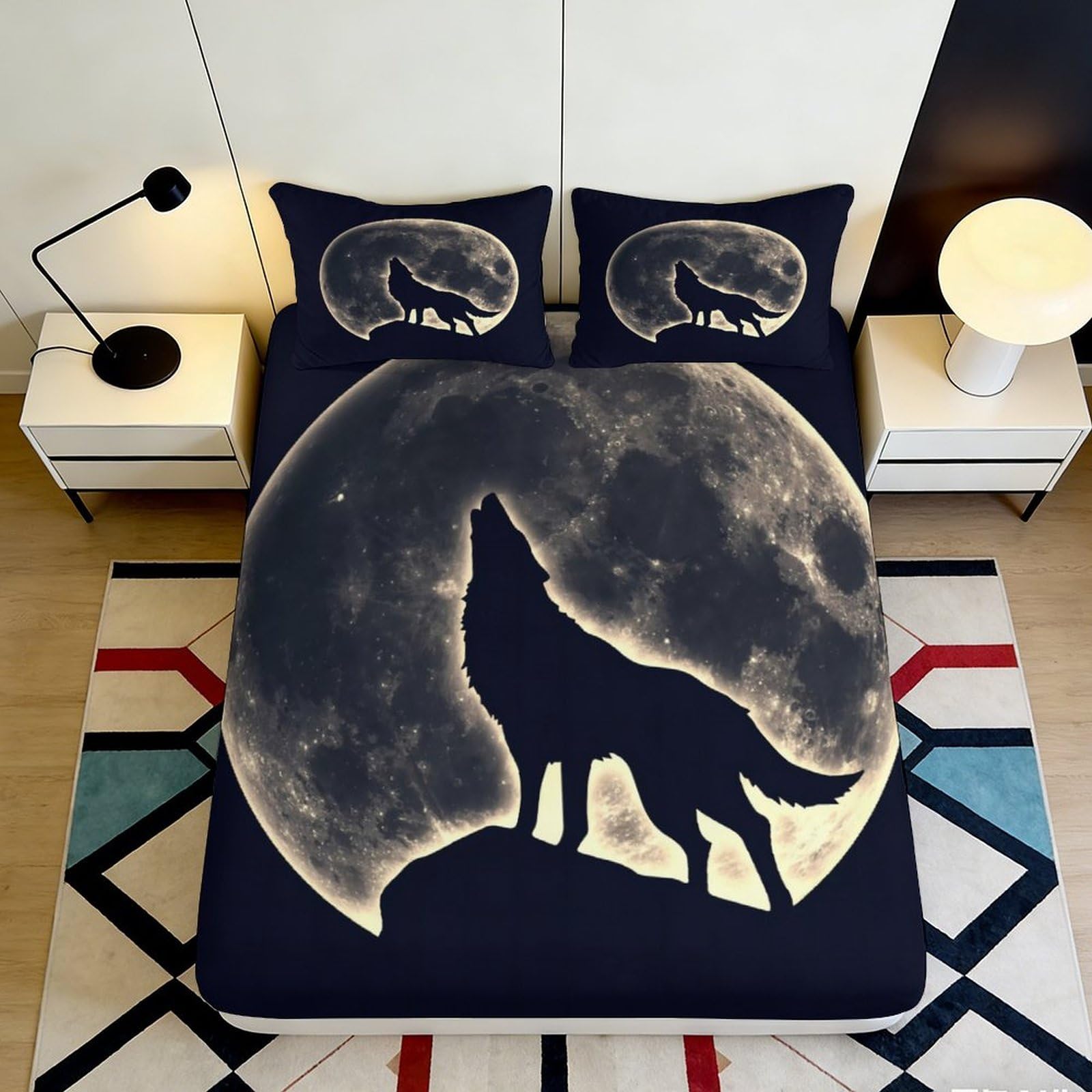 3D Printed Wolf Moon Fitted Sheet Microfiber Soft Decor Night Sky Bed Cover for Bedroom Guest Room Protection 90x200x25cm