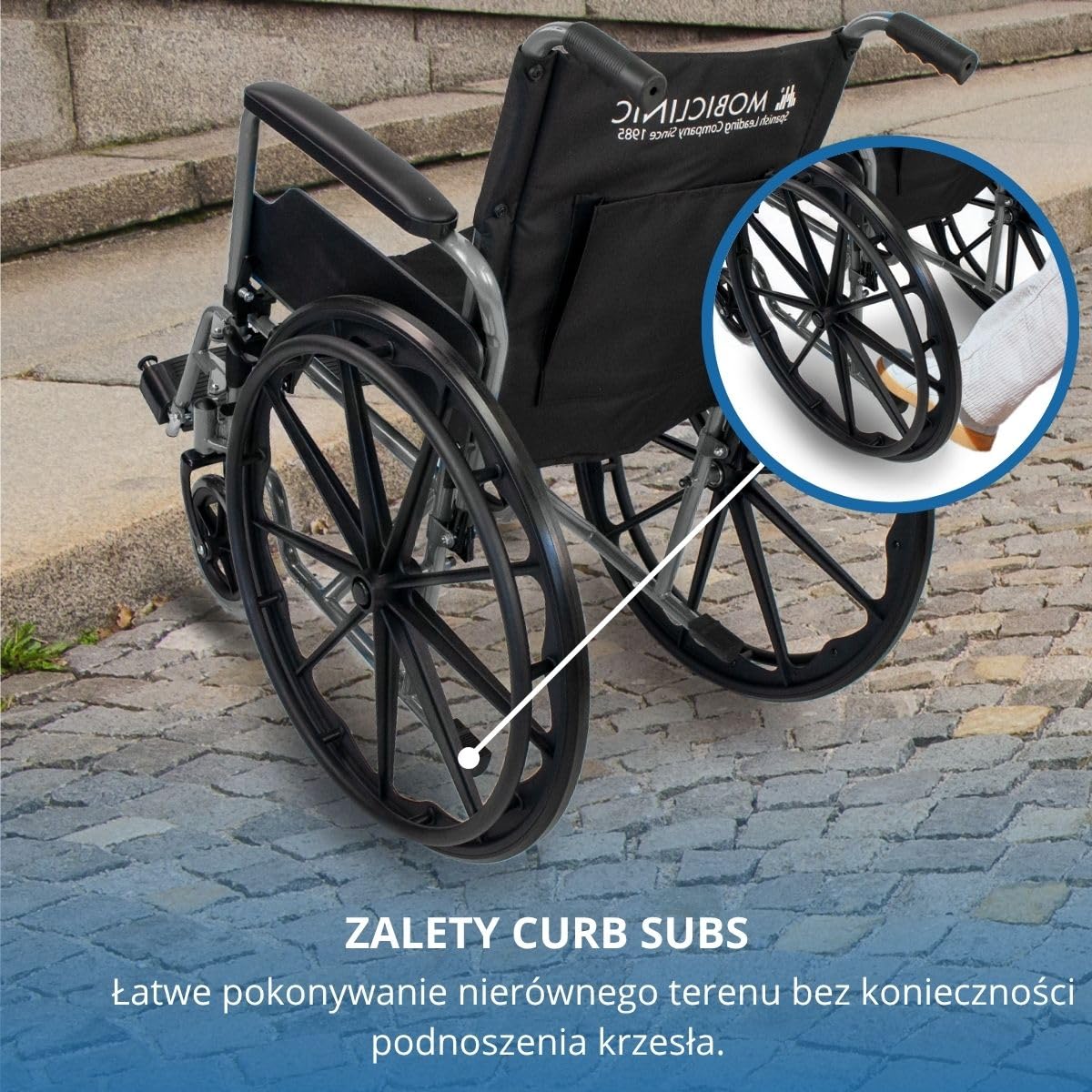 Mobiclinic®, Składany wózek inwalidzki, Marsella, Kółka z możliwością szybkiego zwolnienia po naciśęciu przycisku, Stabilny, Siedzisko 46 cm, Dźwignia hamulca, Srebrny
