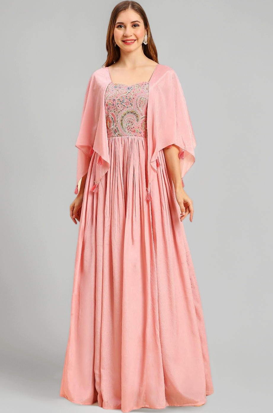 Madhuram Women's Chinon Gown for Women Ethnic with Embroidery Work Long Gown(M-2456)