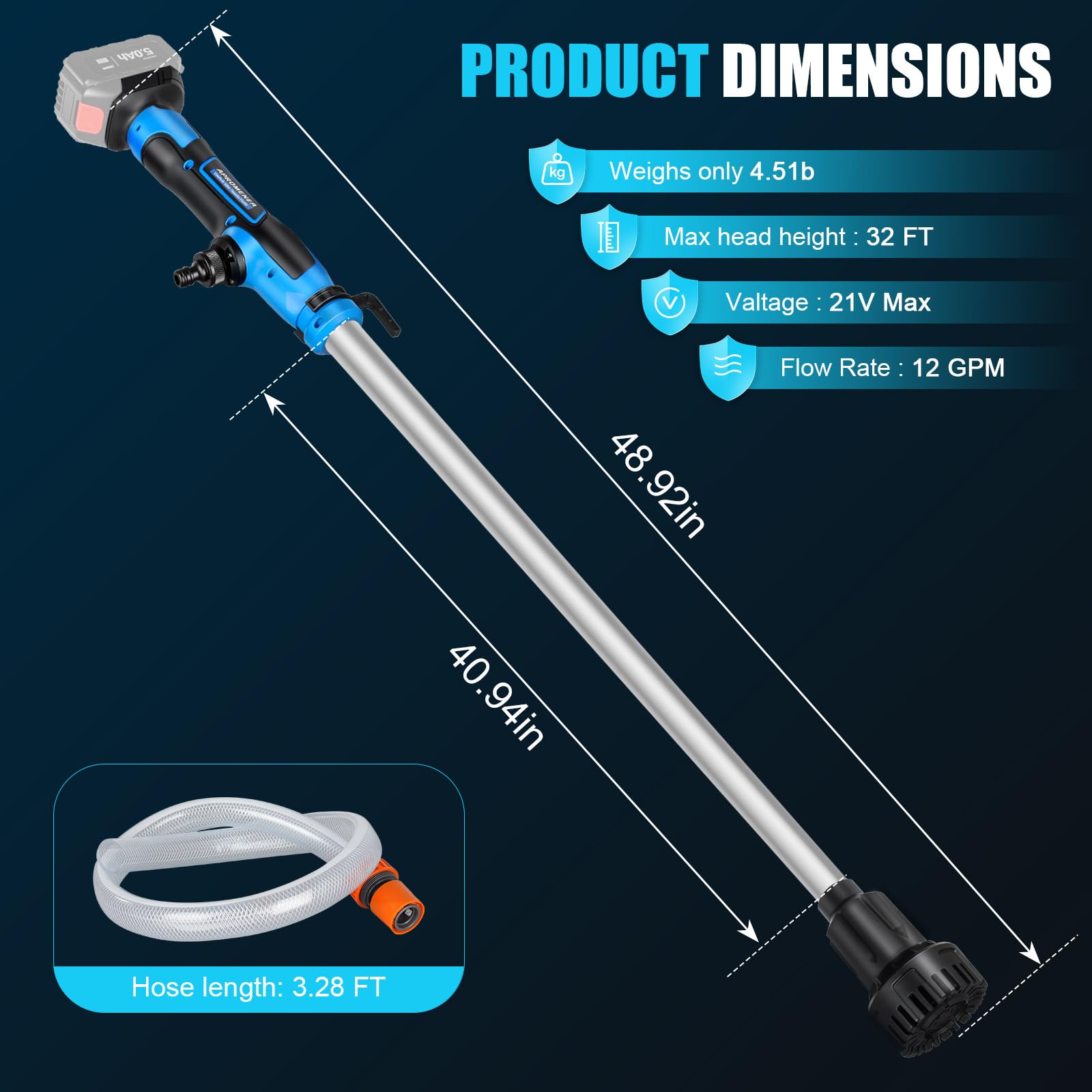 Cordless Stick Water Transfer Pump,12GPM Handheld Portable Stick Utility Pump for Pool Garden Pond (Battery Not Include)
