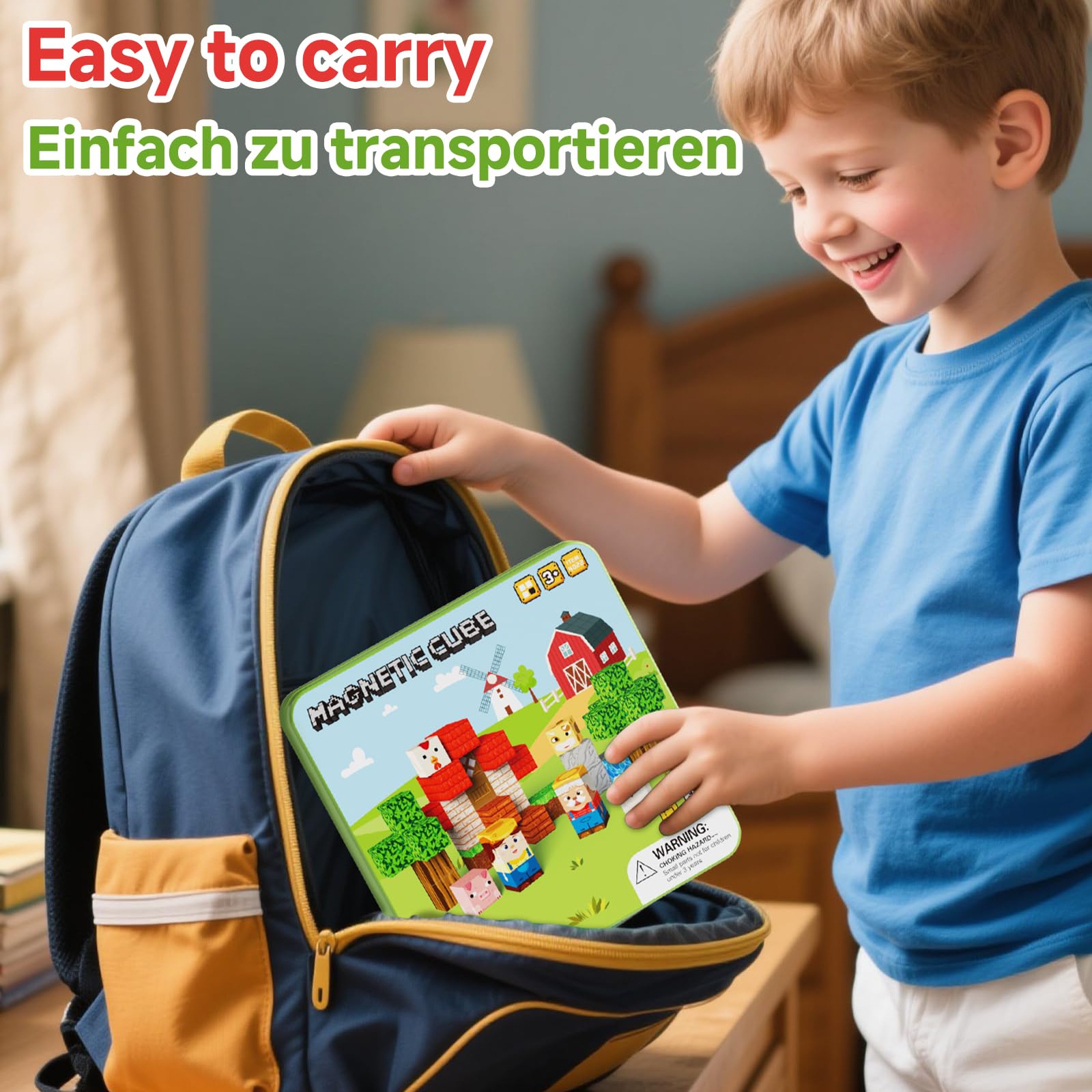 Giocattoli da viaggio a blocchi magnetici, 49 pezzi di blocchi da costruzione magnetici per bambini da 3-8 anni, giocattoli da viaggio per l'apprendimento prescolare STEM (Tema della fattoria)