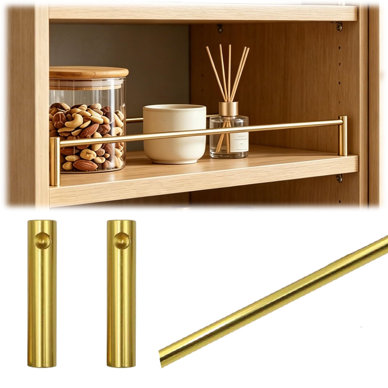 Yxxsdp Gold A Metal Shelf Guard Rail For Kitchen/Closet, Tipping Barrier Rod For Bookshelf/Wine Rack, Cabinet Guardrail Bar Customizable Length(,24In/61Cm)