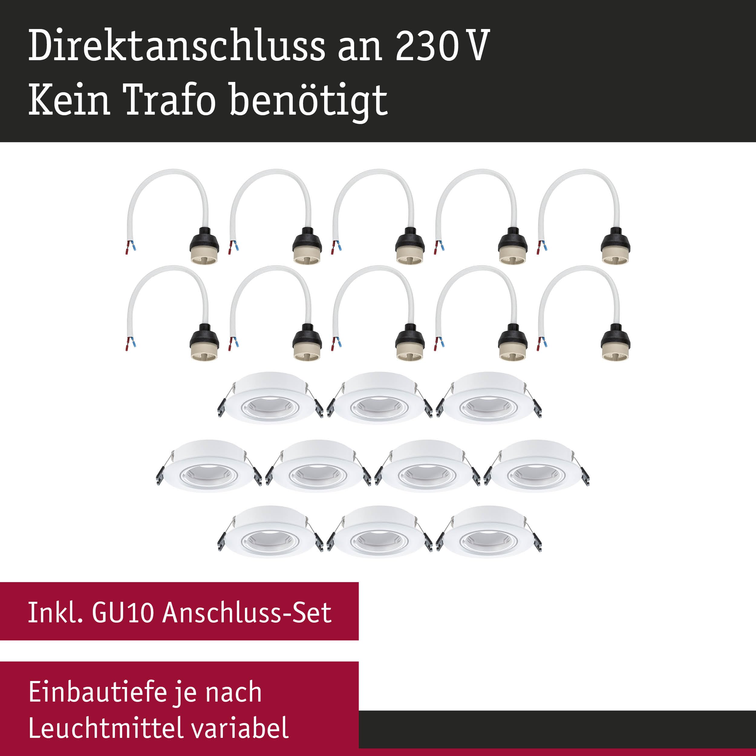 Paulmann 92115 Einbauleuchte 10er-Set schwenkbar rund 90mm 30° GU10 max. 10x10W 230V Weiß Einbaulampe