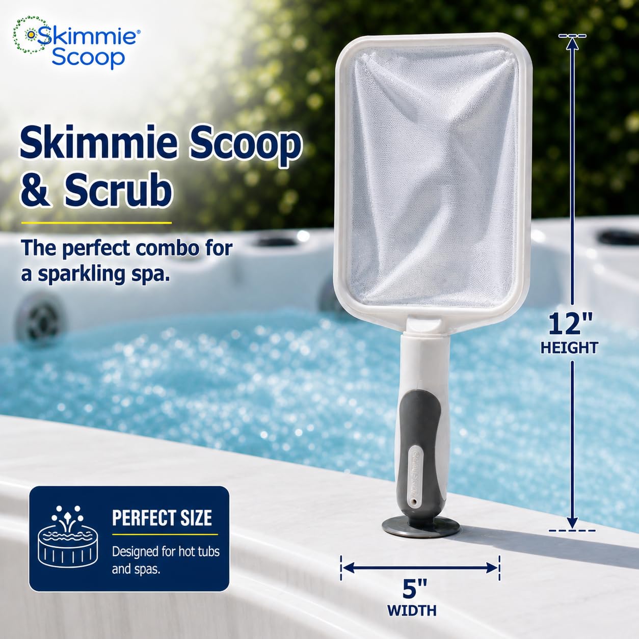 The Skimmie Scoop - Skimmer de mano patentado con red de malla fina para spa, jacuzzi, inmersión fría y limpieza de piscinas pequeñas - Ligero y duradero con potente ventosa - Filtro de limpieza