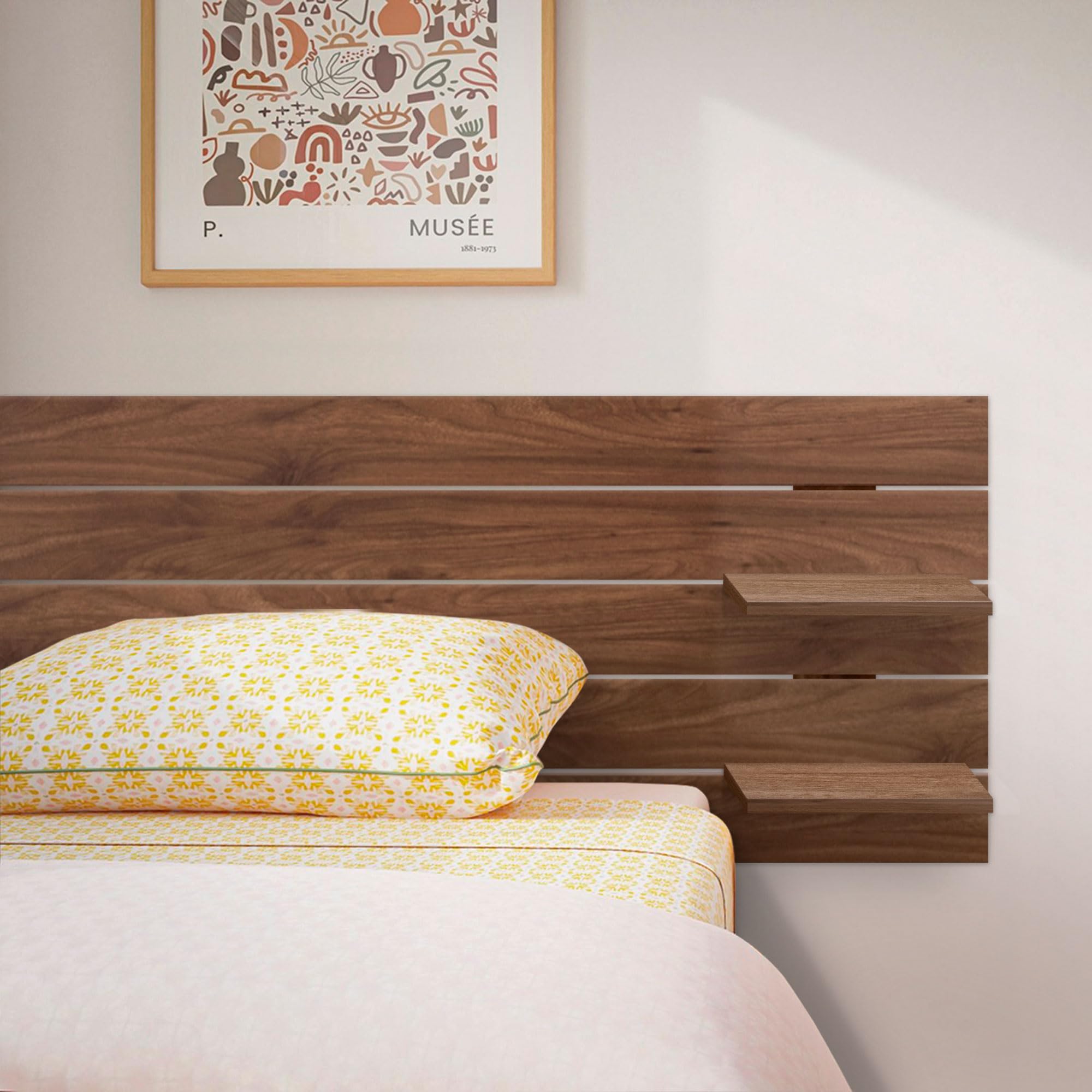 DHOME Cabecero con Estantes de Madera reciclada DM Colgante Pared Estilo Palet Horizontal Cama Vintage Nordico Herrajes incluidos (Nogal Madera, 135cm)