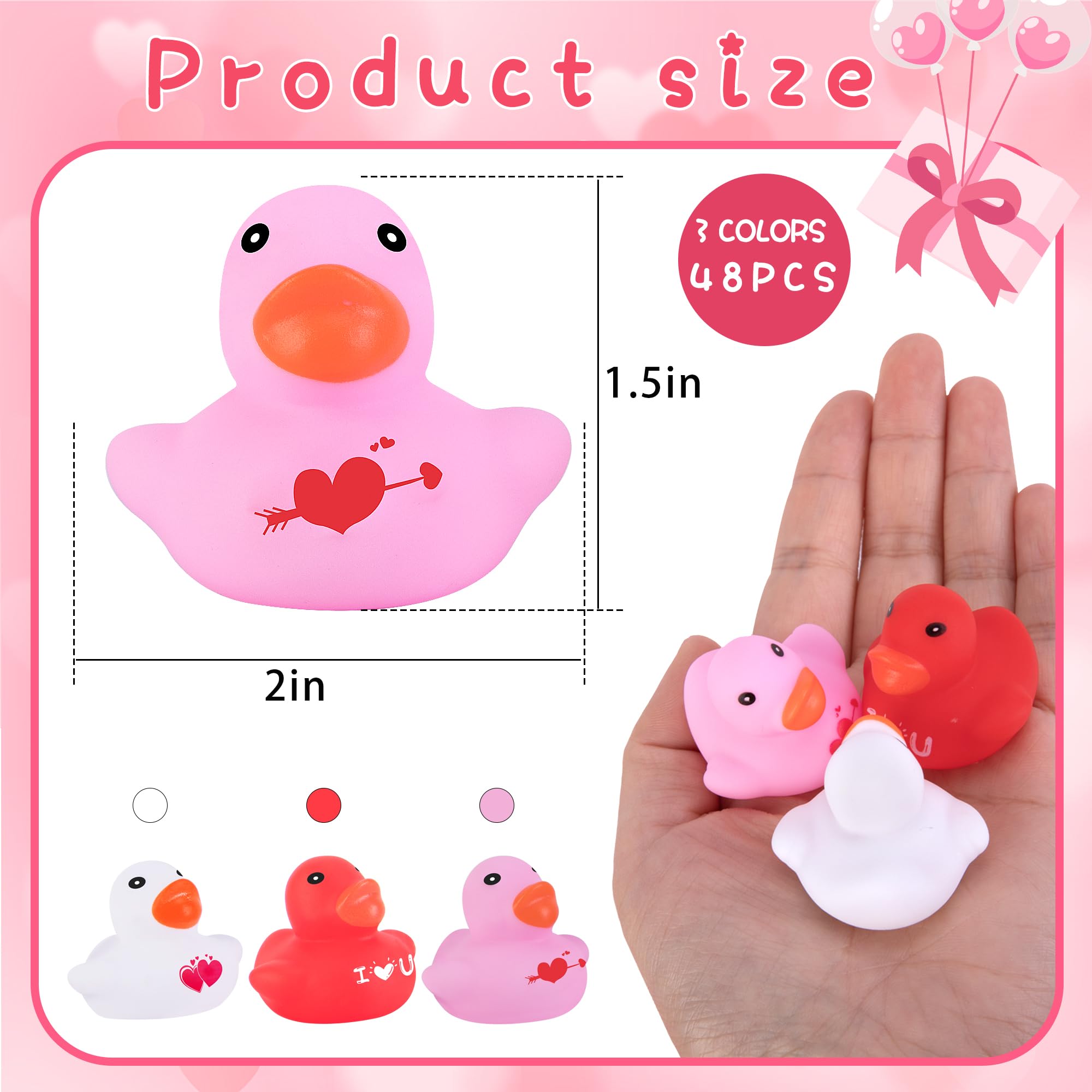 Wehhbtye 48 Pcs Valentine's Day Rubber Duckies, 2'' Mini Valentine Themed Ducks, 3 Colors Love Heart Ducky for Engagement Wedding Decorations Party Favors Pool Bathtub