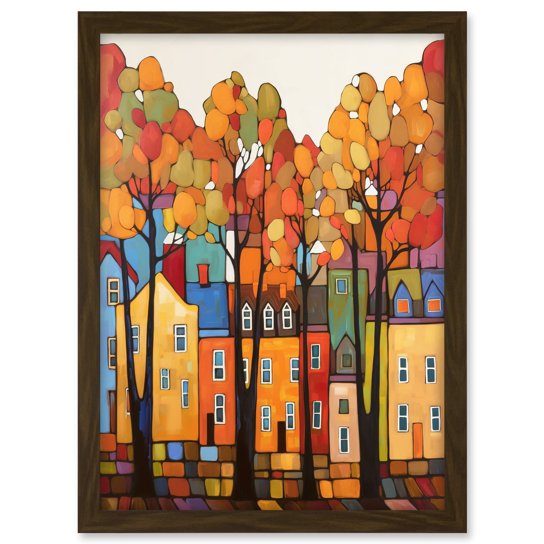 Artery8 Multicoloured House Street In Autumn Contemporary Folk Art Painting Artwork Framed A3 Wall Art Print
