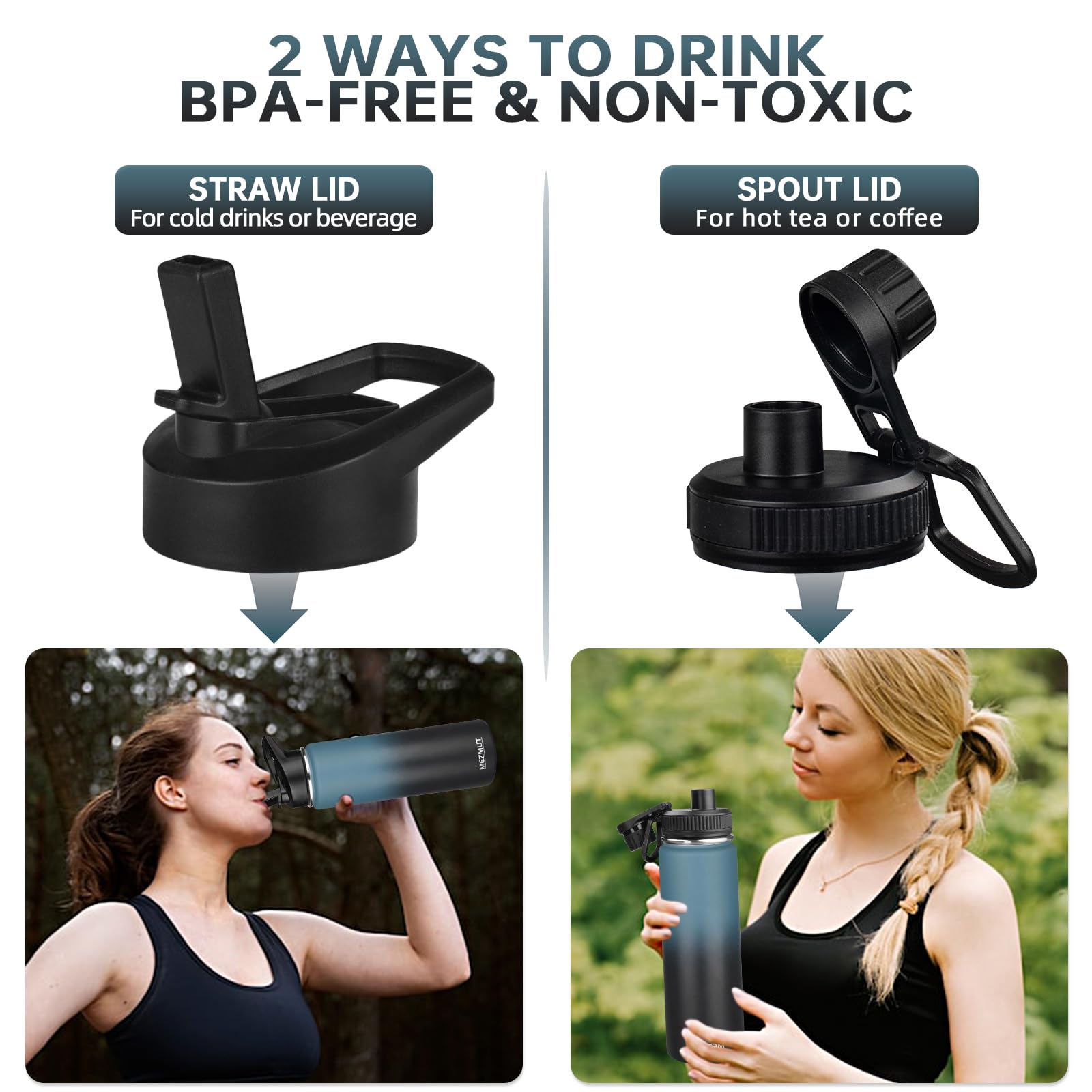 MEZMUT Botella de agua aislada de acero inoxidable de 24 onzas con popote y 3 tapas, botella de agua deportiva de metal, termo de doble pared aislada al vacío, botellas a prueba de fugas (azul