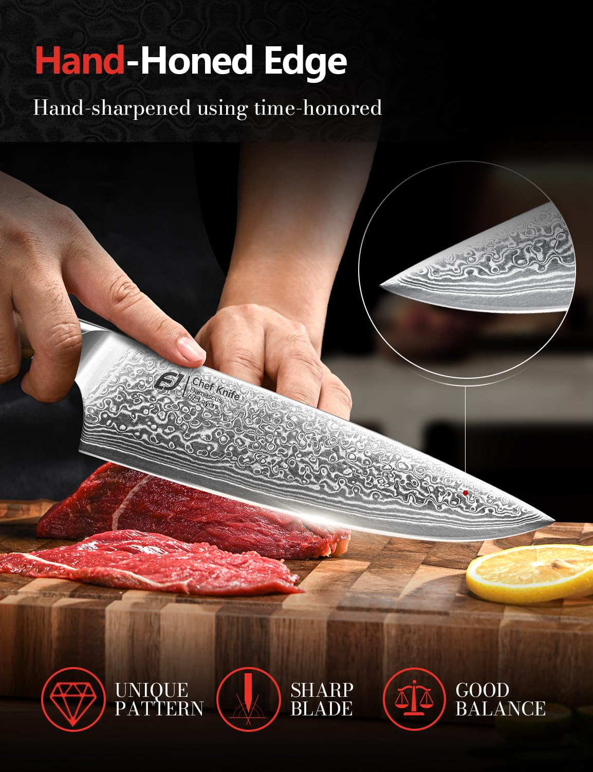 Emojoy 8-Inch Damascus Chef Knife, 67-Layer Japan Steel, Olive Wood Handle — Amazon image 3