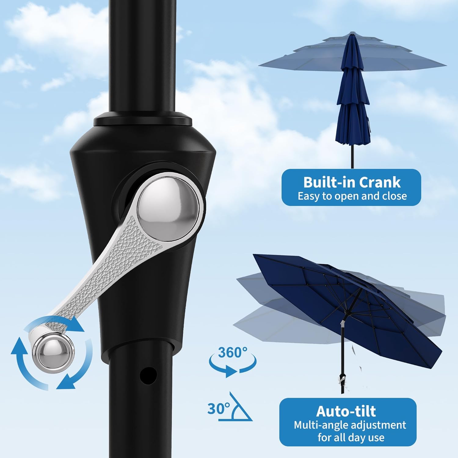 Patio Umbrella, 3-Tier Vented Canopy with Hand Crank, Push-Button Tilt Outdoor Umbrella, Alloy Rib Frame for Pool, Backyard and Deck, 9FT, Navy Blue