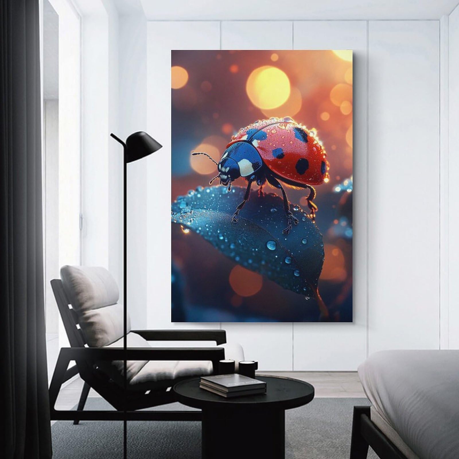 Junmoney Unframe-Style-17-2 Canvas Wall Art Ladybug On Leaf With Water Droplets, 24X36inch(60X90cm), For Living Room, Bedroom, Office Or Hallway, Decorative Artwork With Broad Appeal