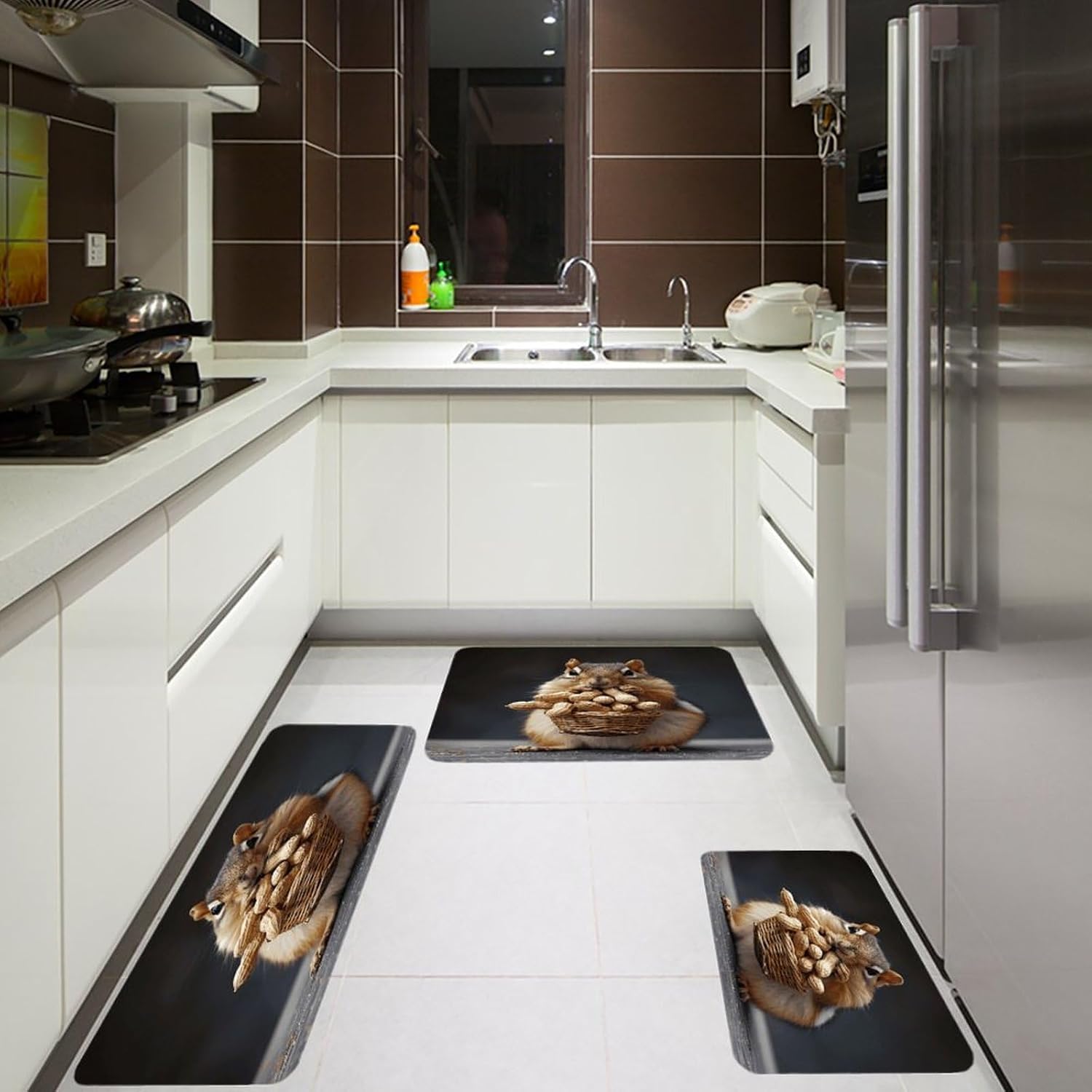 Squirrel and Peanut Kitchen Rugs Sets of 3 Washable Non Slip Kitchen Rug Water Resistant Carpet Piece Anti Fatigue Kitchen Mats Soft Comfort Standing Mat Modern Area Rug